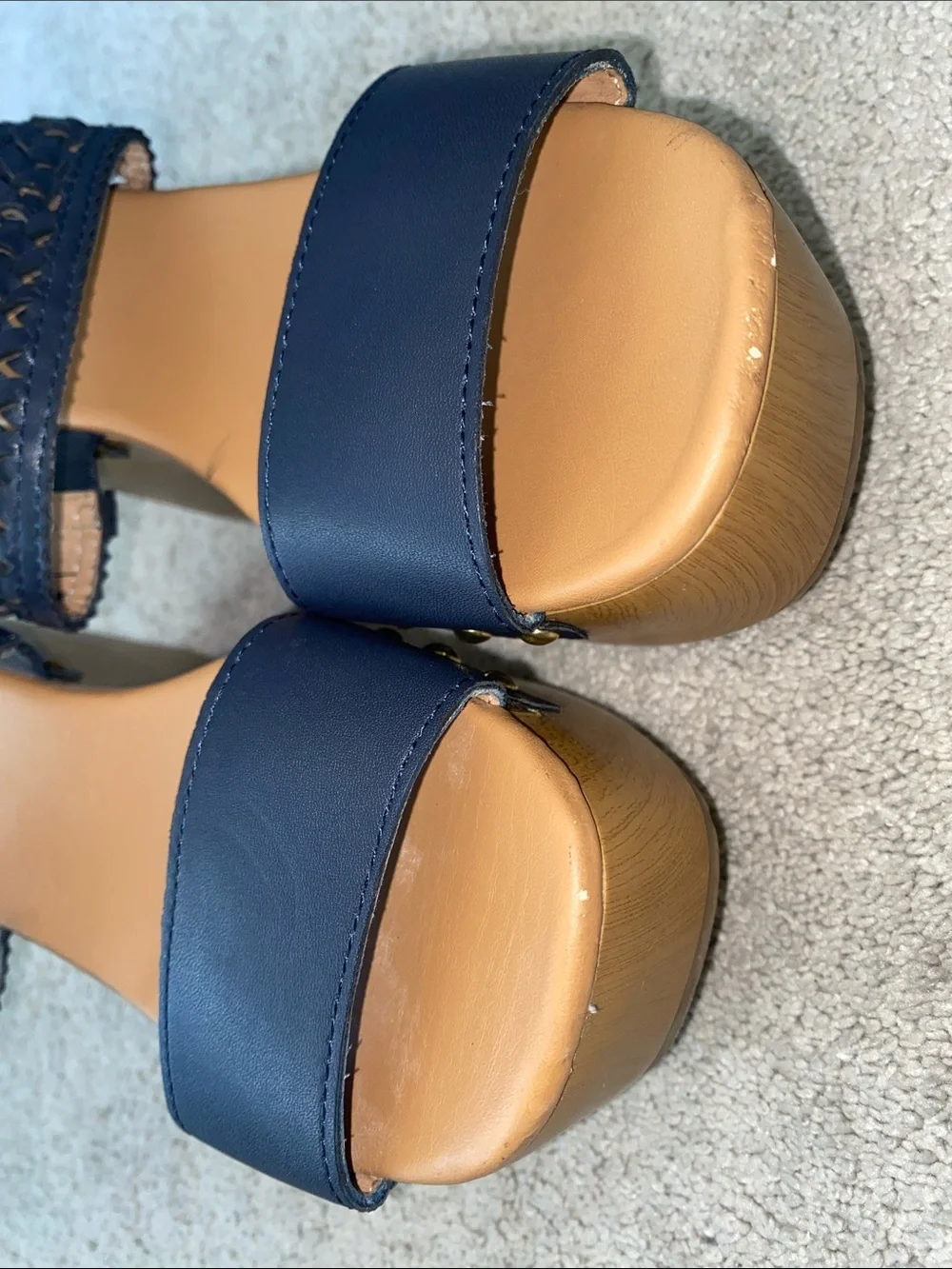 Tommy Hilfiger Platform Wedges Sandals Womens 7.5M Blue Gold Logo Strappy Boho
